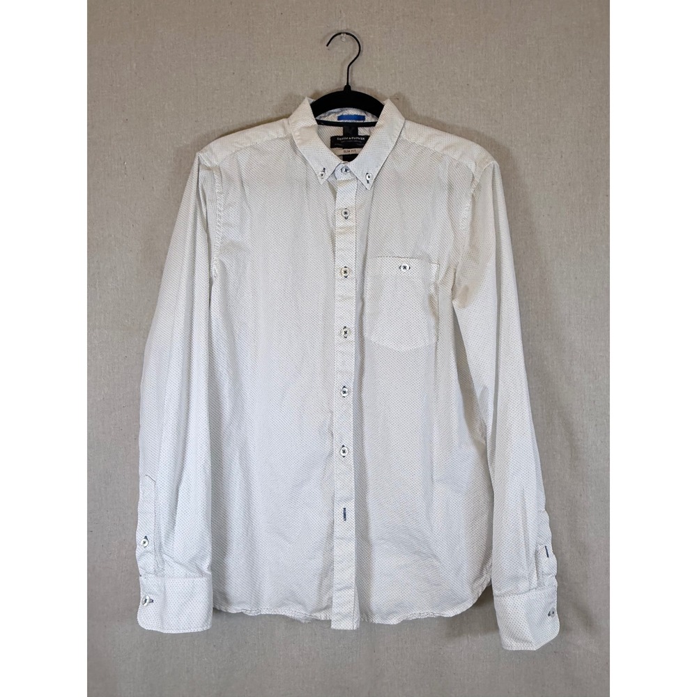 Denim & Flower Mens Slim Fit Polka Dot Button Down Shirt White Blue Large